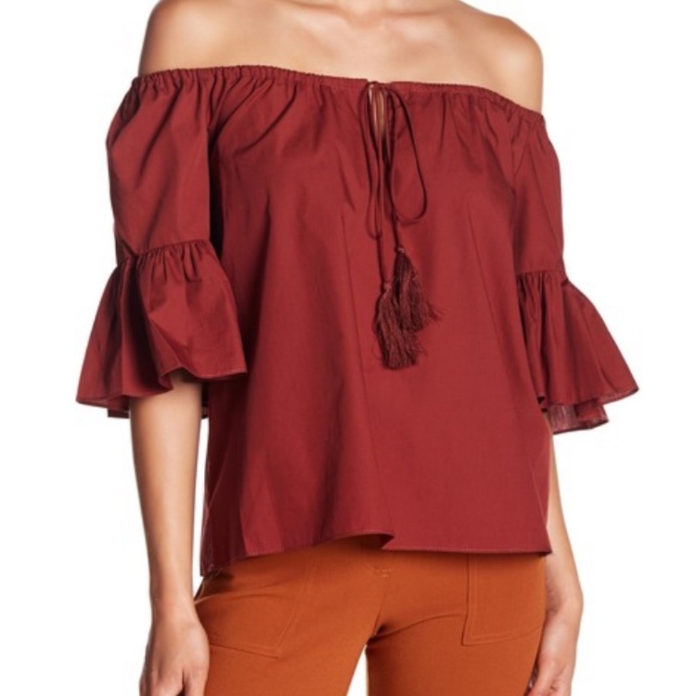 VERTIGO Off the Shoulder Peasant Top, RUFFLE, BELL SLEEVE, TASSEL RED TIE NEW
